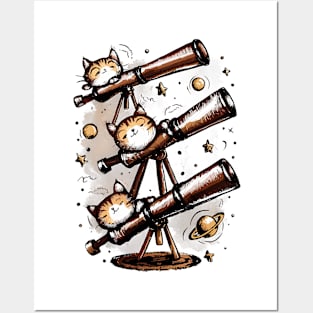 Cute cats with telescope seeing the cosmos Posters and Art